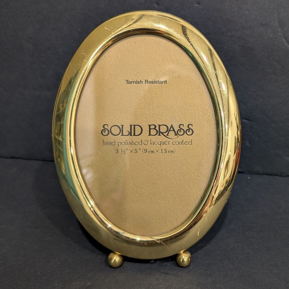 Vintage Solid Brass Oval Picture Frame 3.5x5 Tabletop Ball Feet Velvet Back